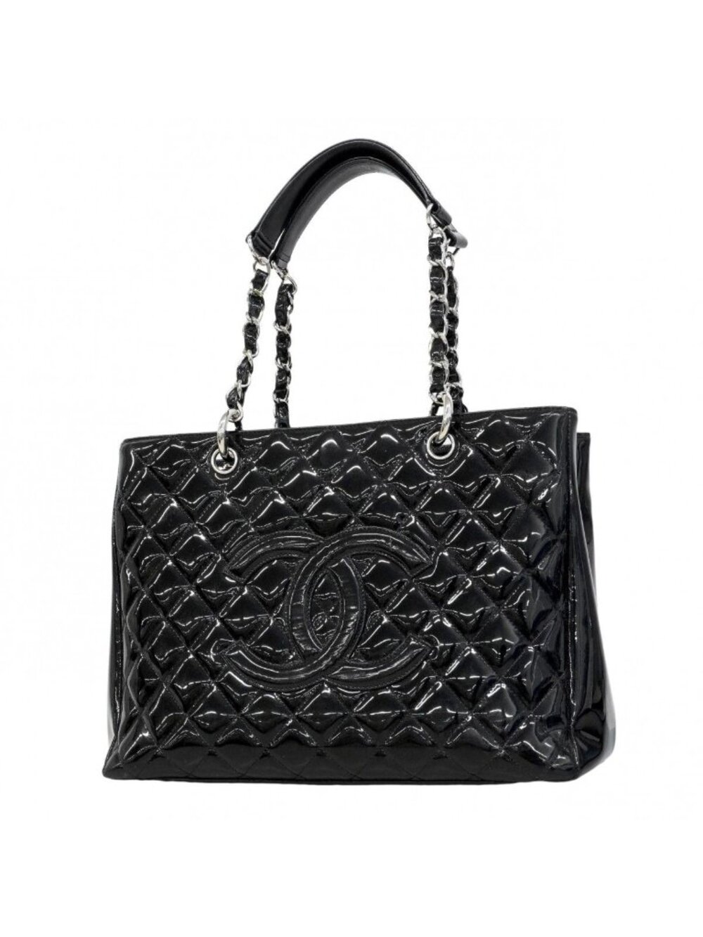 Chanel Chain Tote Quilted Patent Leather Black Silver